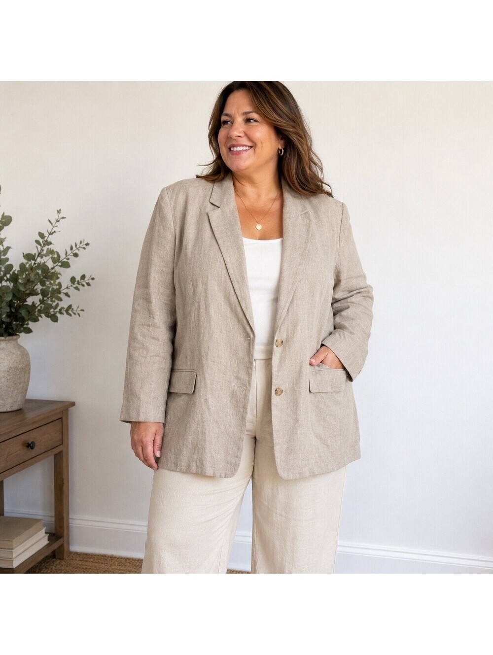 Elisabeth Liz Claiborne Linen Blazer 18 Beige Oversized Longline Coastal Luxury
